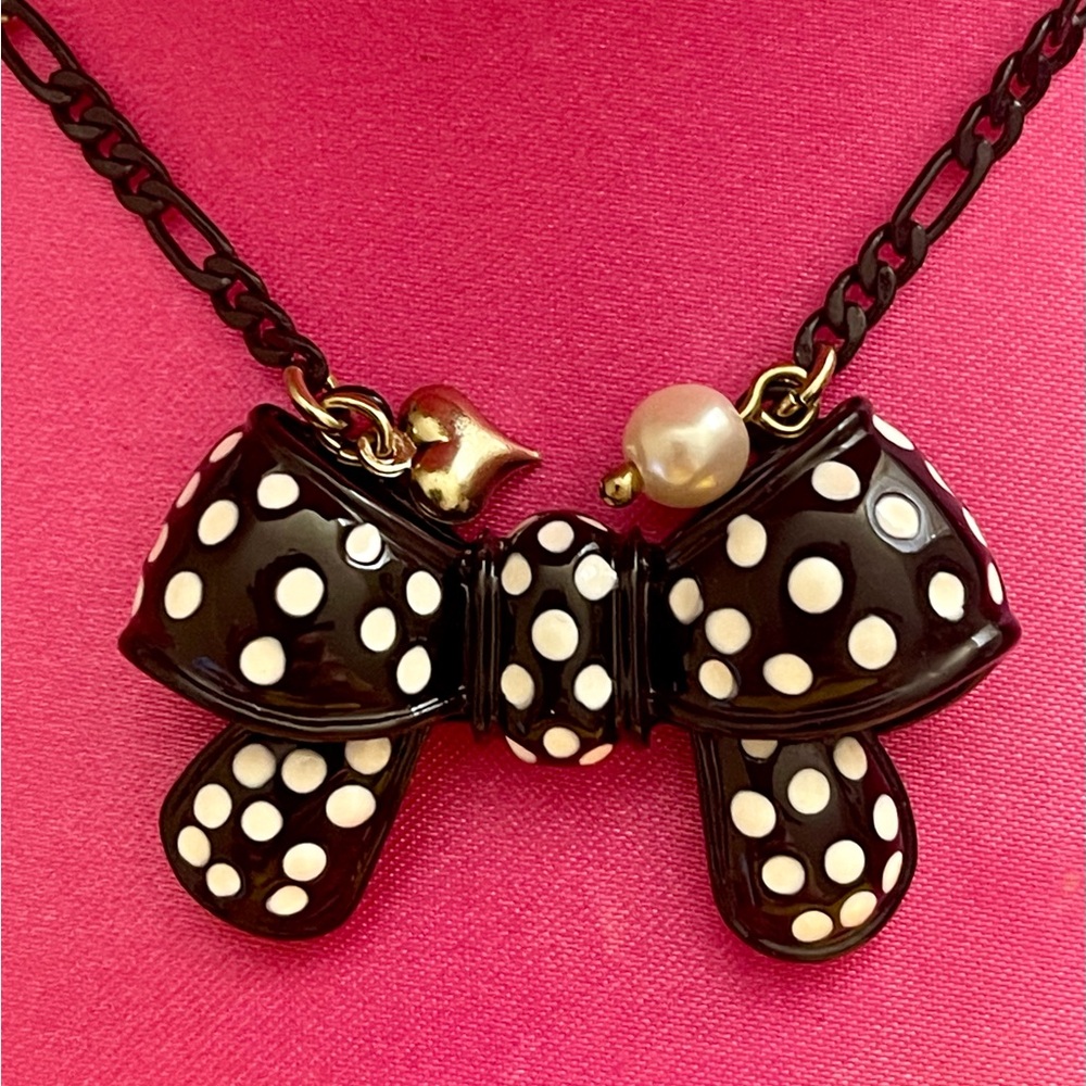 Betsey Johnson *Rare* Polka Dot Bow Necklace with Pearl Accent